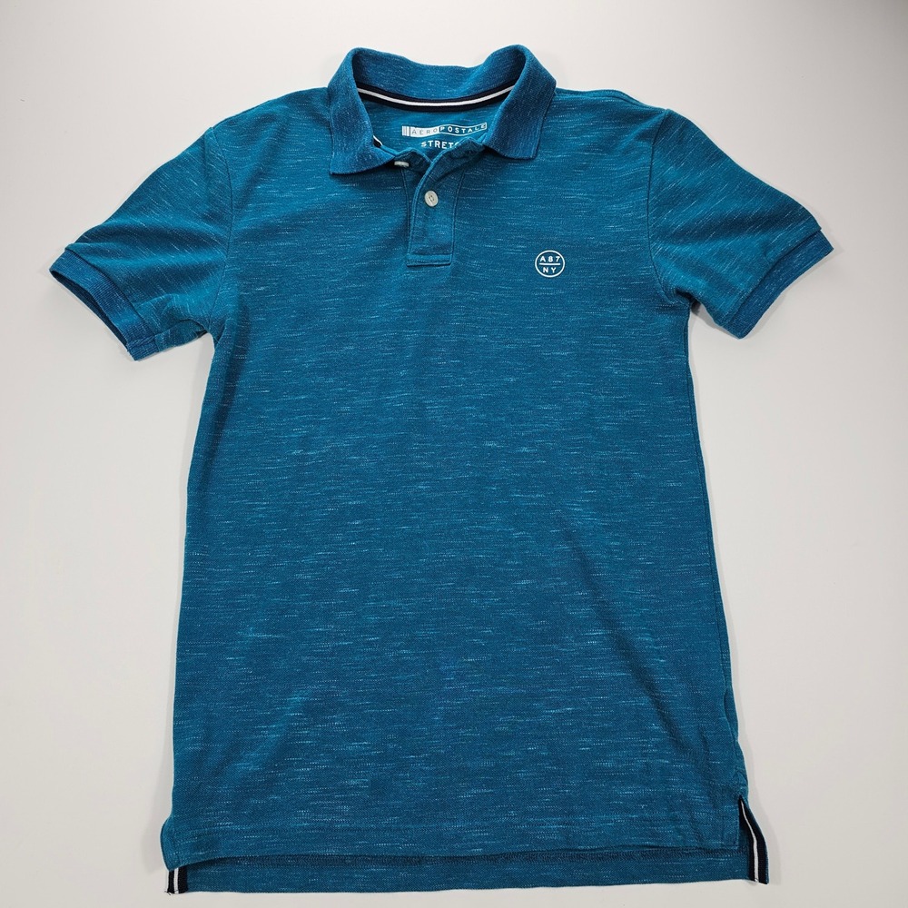 Aeropostale Mens A87 NY Stretch‎ Polo Shirt Teal Blue Space Dye XS Short Sleeve